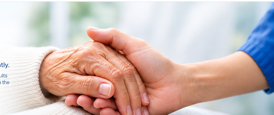 A caregiver gently holding an older adult's hand